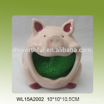 Kitchen scouring pad pink pig design ceramic sponge holder